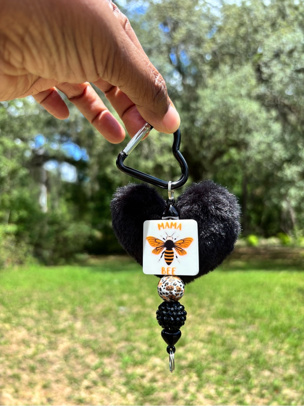 Custom beaded "Mama Bee" keychain with a heart-shaped Carabiner